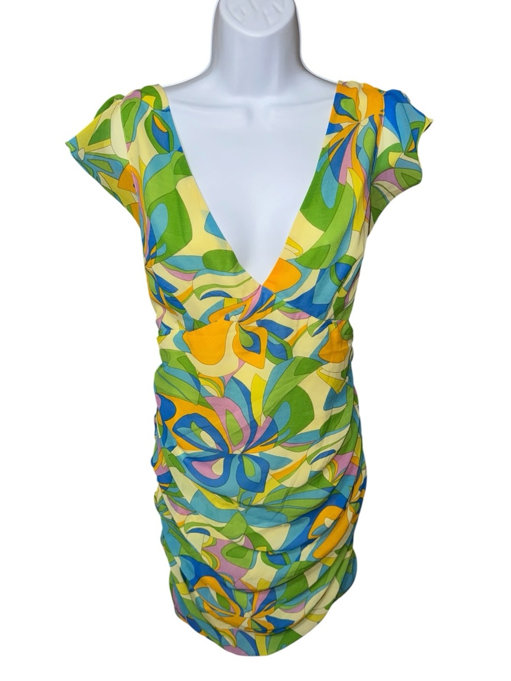 Women’s ASOS V-Neck Ruched Multi Retro Abstract Dress - 10